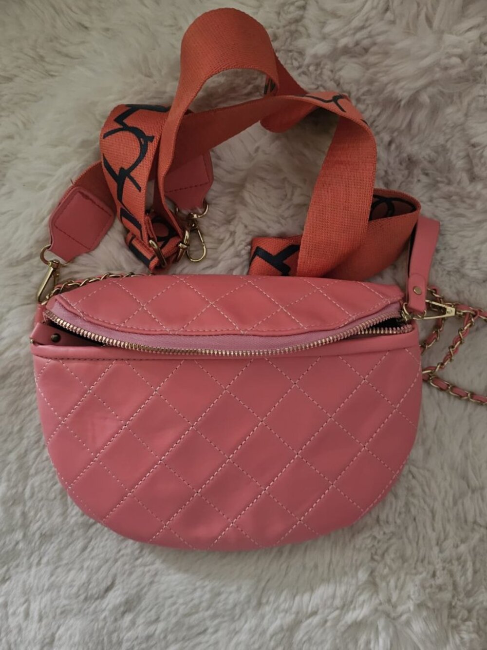 Pink Quilted Half-Moon Belt Bag / Crossbody Sling with Chain Detail